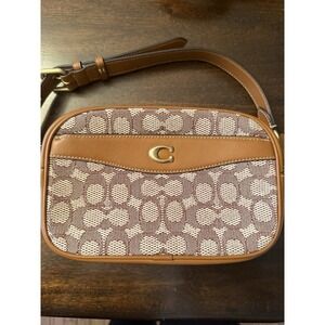 Coach Camera Bag Signature C Textile Jacquard Brown Crossbody Bag Purse Handbag